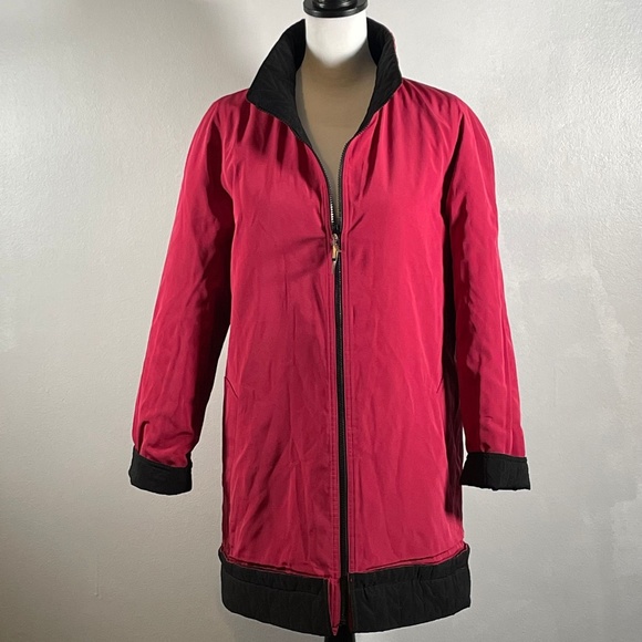 Black Burgundy Full Zip Up Quilted Reversible Straight Cut Long Sleeve Jacket L - Picture 3 of 9